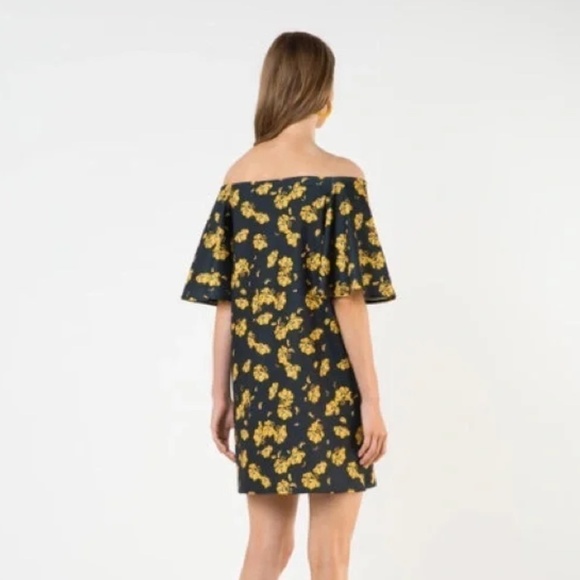 Oak + Fort Navy Blue Yellow Floral Off Shoulder Bell Short Sleeve Dress - Size M - Picture 2 of 10